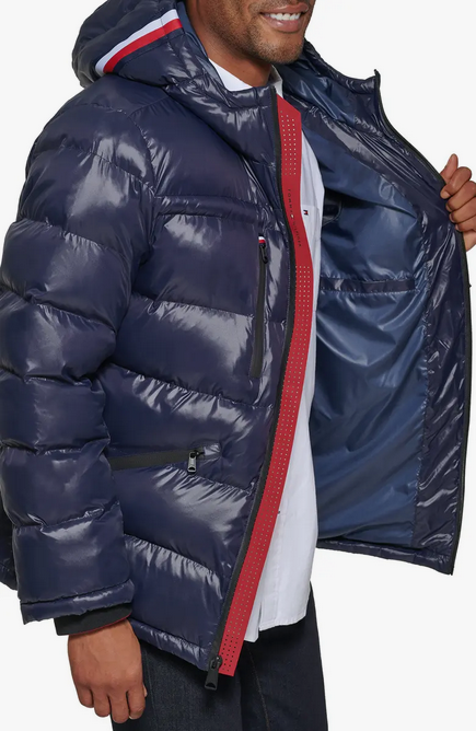 Tommy Hilfiger Men's Fashion Shine Quilted Hooded Puffer Jacket Navy Medium