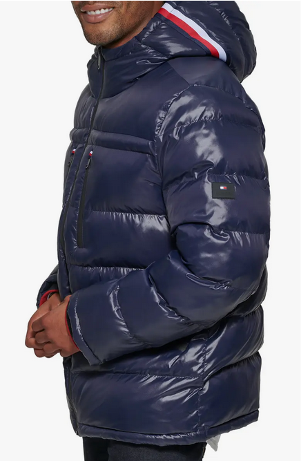Tommy Hilfiger Men's Fashion Shine Quilted Hooded Puffer Jacket Navy Medium