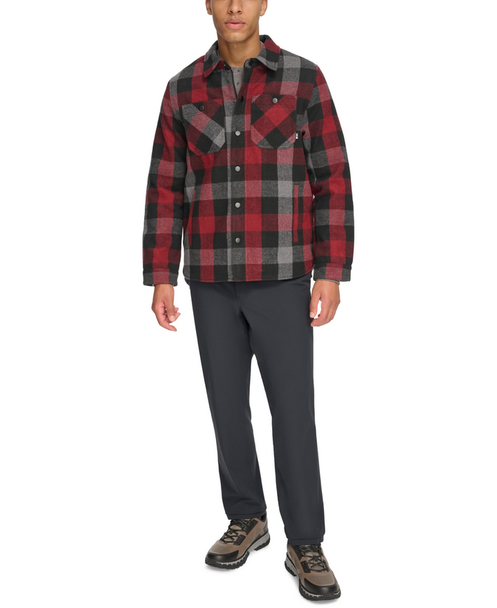 BASS OUTDOOR Mens Mission Field Sherpa Lined Shirt Red Grey Plaid Large