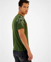 GUESS Men's Tiger Floral Embroidered Crewneck Short Sleeve T Shirt Green Large