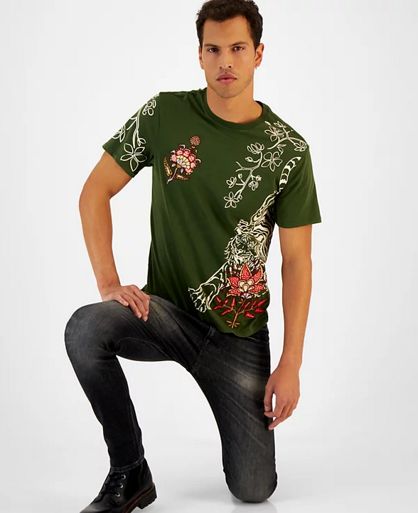GUESS Men's Tiger Floral Embroidered Crewneck Short Sleeve T Shirt Green Large