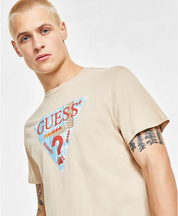 GUESS Men's Mosaic Triangle Logo Graphic Short Sleeve T Shirt Tan Small