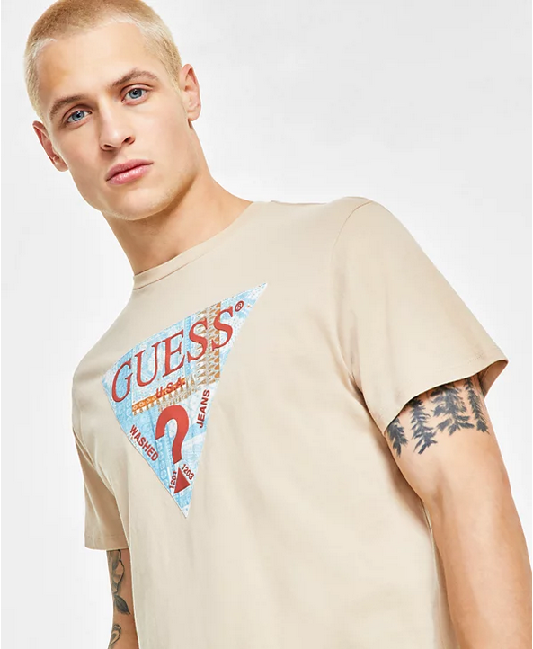 GUESS Men's Mosaic Triangle Logo Graphic Short Sleeve T Shirt Tan Small