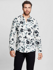 GUESS Mens Floral Long Sleeve Button Down Shirt Ikat Cream 2XL