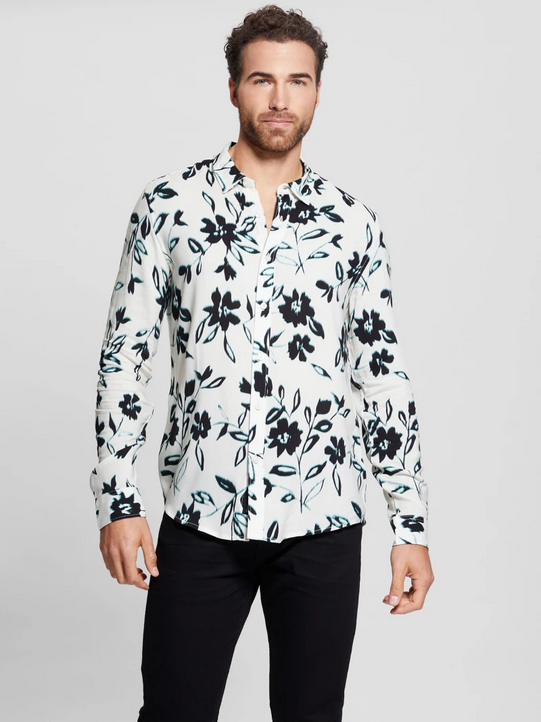 GUESS Mens Floral Long Sleeve Button Down Shirt Ikat Cream 2XL