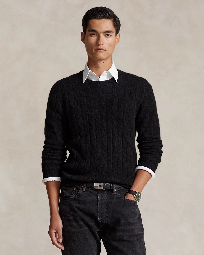 Polo Ralph Lauren Mens Cashmere Cable Knit Crewneck Sweater Black 2XL