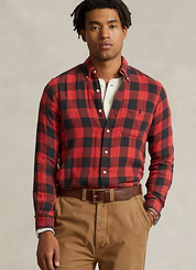Polo Ralph Lauren Mens Knit Flannel Button Down Work Shirt Red Black Medium
