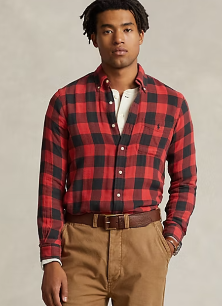 Polo Ralph Lauren Mens Knit Flannel Button Down Work Shirt Red Black Medium