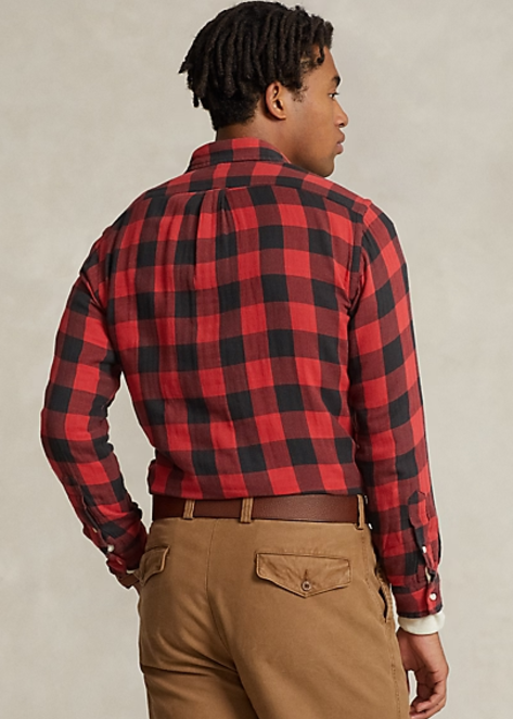 Polo Ralph Lauren Mens Knit Flannel Button Down Work Shirt Red Black Medium