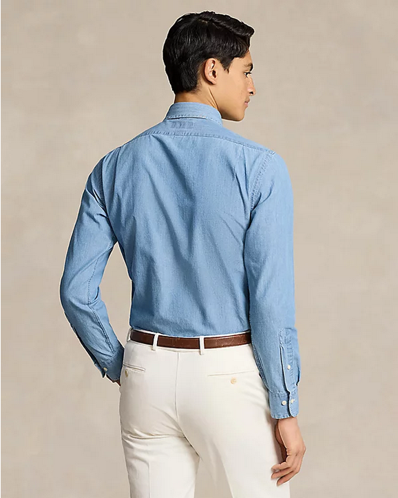 Polo Ralph Lauren Mens Cotton Custom Fit Button Down Chambray Shirt Blue 15.5