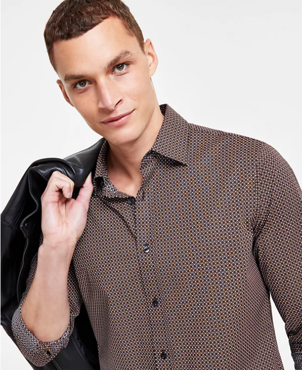 Michael Kors Men's Mosaic Print Midnight Button Down Shirt Brown Medium