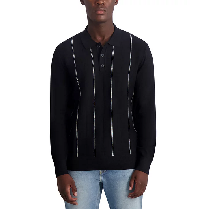 KARL LAGERFELD PARIS Men's Slim Fit Striped Polo Sweater Black XL
