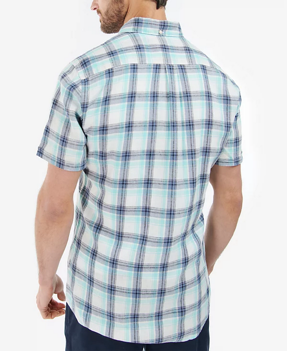 Barbour Men's Crossfell Plaid Linen Button Down Tailored Shirt Ecru Blue XL