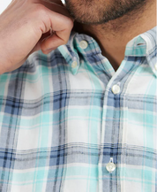 Barbour Men's Crossfell Plaid Linen Button Down Tailored Shirt Ecru Blue XL