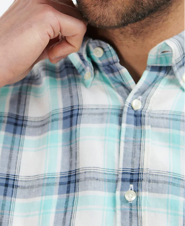 Barbour Men's Crossfell Plaid Linen Button Down Tailored Shirt Ecru Blue XL
