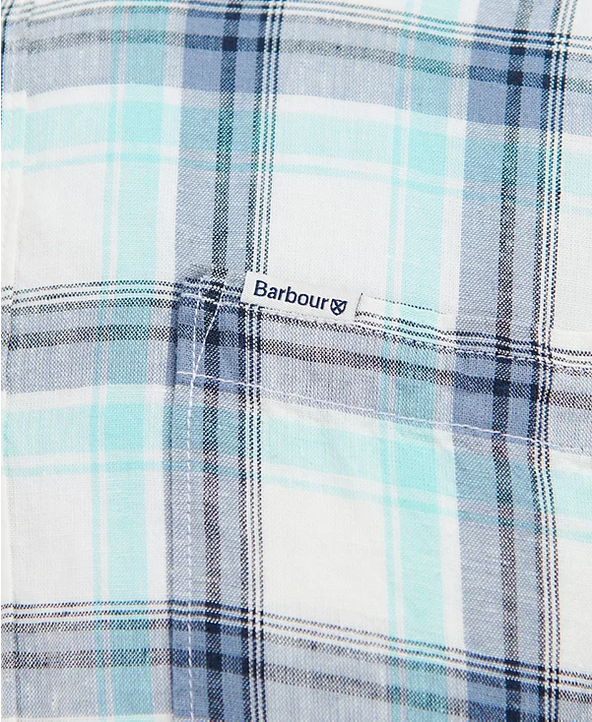 Barbour Men's Crossfell Plaid Linen Button Down Tailored Shirt Ecru Blue XL