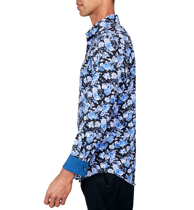 Society of Threads Men's Non Iron Floral Print Button Down Shirt Blue Medium