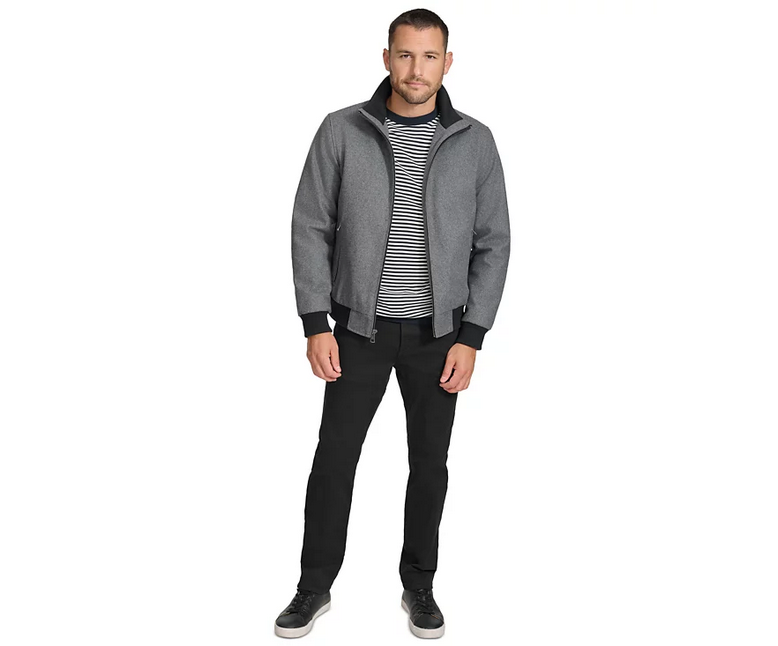 Calvin Klein Men's Wool Bomber Jacket With Knit Trim Charcoal Grey XL