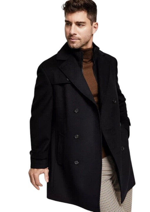 Lauren Ralph Lauren Men's Double-Breasted Overcoat 42 R Attached Bib - Black