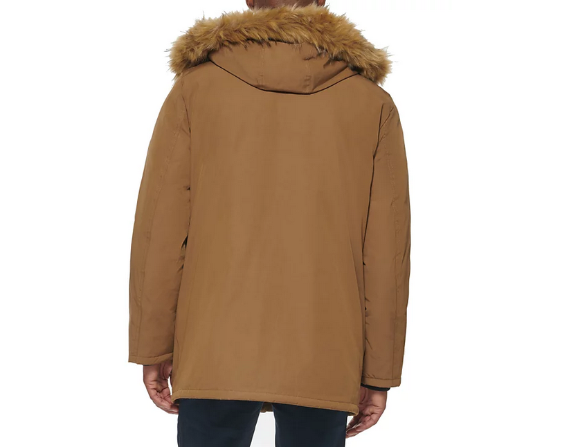 Club Room Men's Parka with a Faux Fur Hood Jacket Brown Small