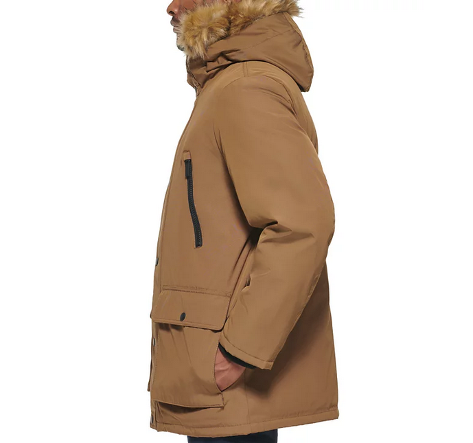Club Room Men's Parka with a Faux Fur Hood Jacket Brown Small
