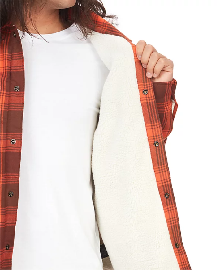 Marmot Men's Ridgefield Plaid Fleece Lined Flannel Shirt Jacket Brown Medium