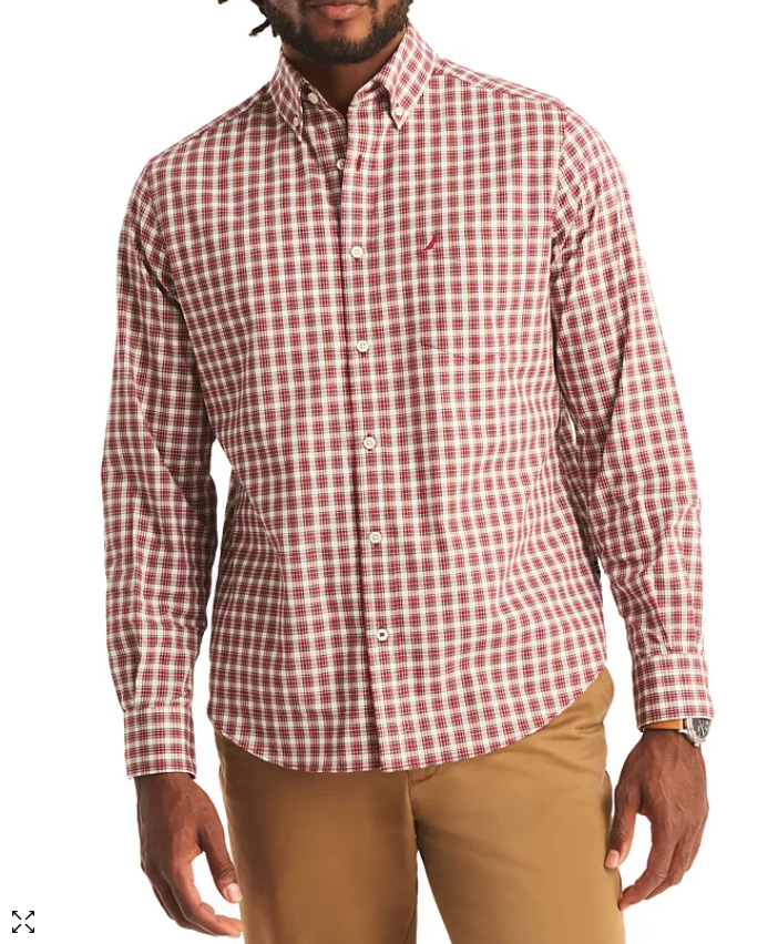 Nautica Mens Classic fit Long Sleeve Button-Up Shirt Medium Red Plaid