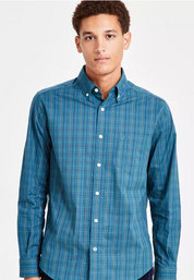Nautica Mens Long Sleeve Button-Up Shirt Large Green Plaid