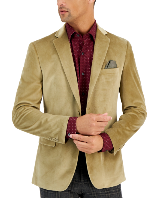 Alfani Mens Slim Fit Velvet Sport Coat Blazer Tan 40L
