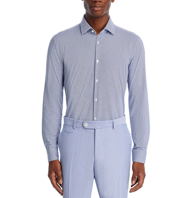 Hugo Boss Mens Kenno Slim Fit Long Sleeve Button Up Shirt 16R Blue Geometric