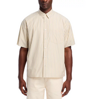 John Elliott Mens Regular Fit Short Sleeve Button Up Shirt Large Beige Striped