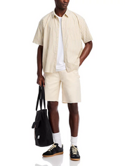 John Elliott Mens Regular Fit Short Sleeve Button Up Shirt Large Beige Striped