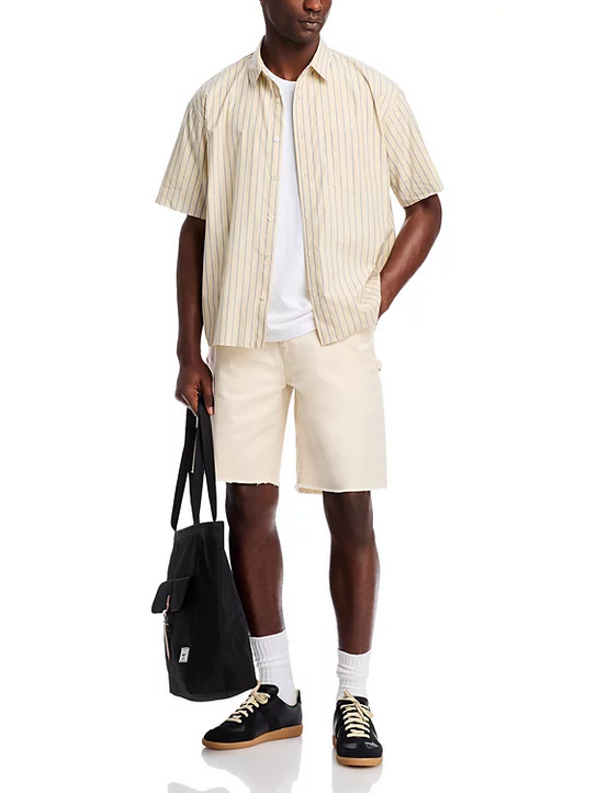 John Elliott Mens Regular Fit Short Sleeve Button Up Shirt Large Beige Striped