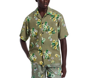 John Elliott Mens Button Up Short Sleeve Camp Shirt Green 2XL