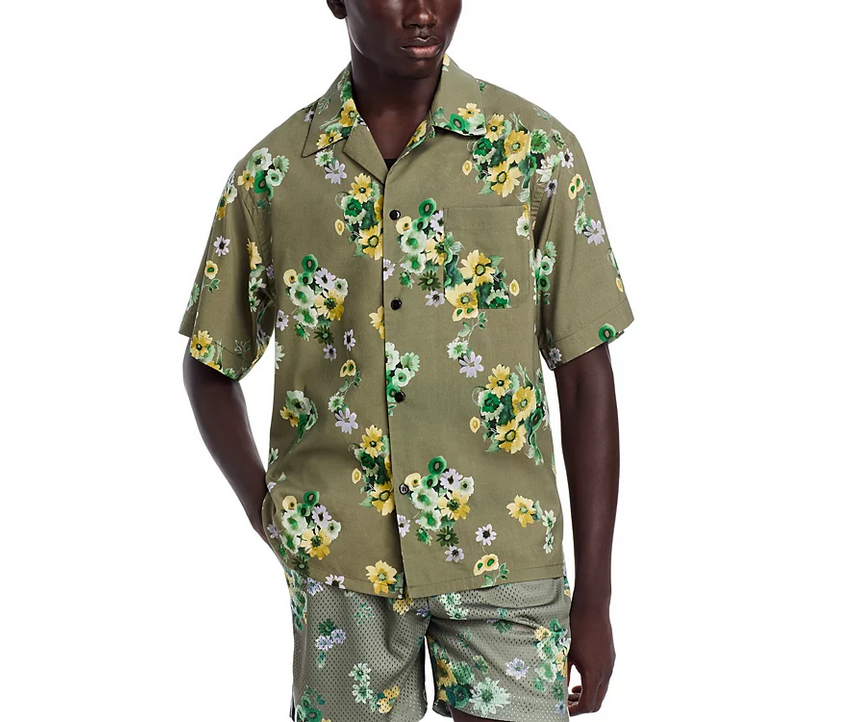 John Elliott Mens Button Up Short Sleeve Camp Shirt Green 2XL