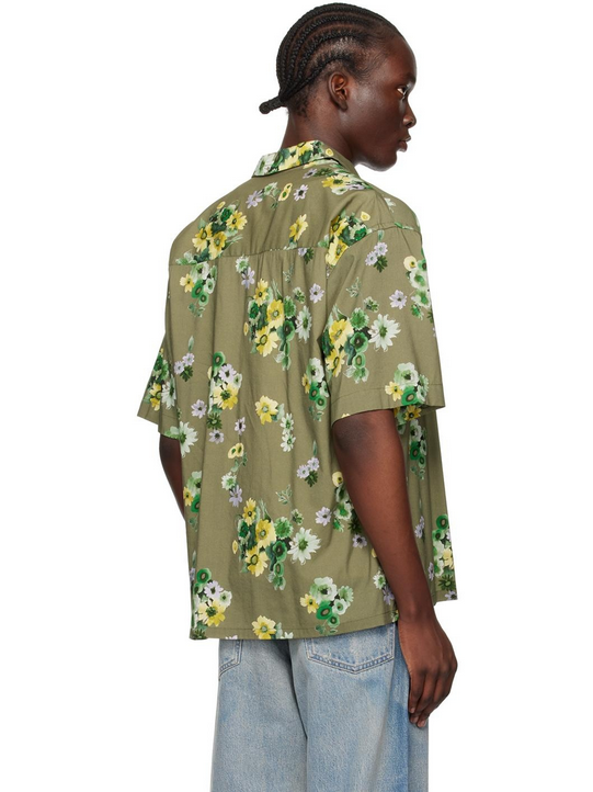 John Elliott Mens Button Up Short Sleeve Camp Shirt Green 2XL