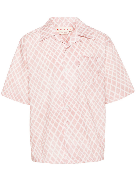 Marni Mens Regular Fit Short Sleeve Button Up Shirt Large Pink Argyle