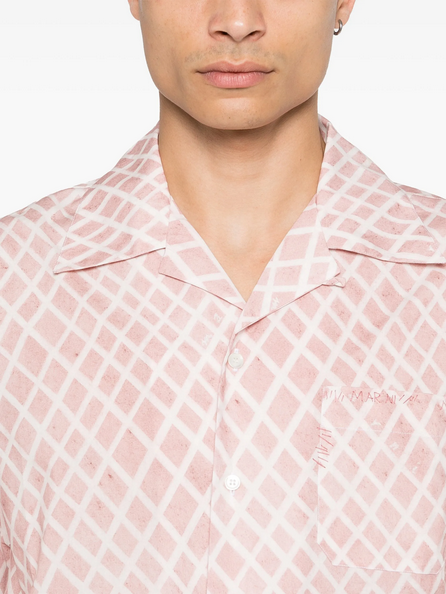 Marni Mens Regular Fit Short Sleeve Button Up Shirt Large Pink Argyle