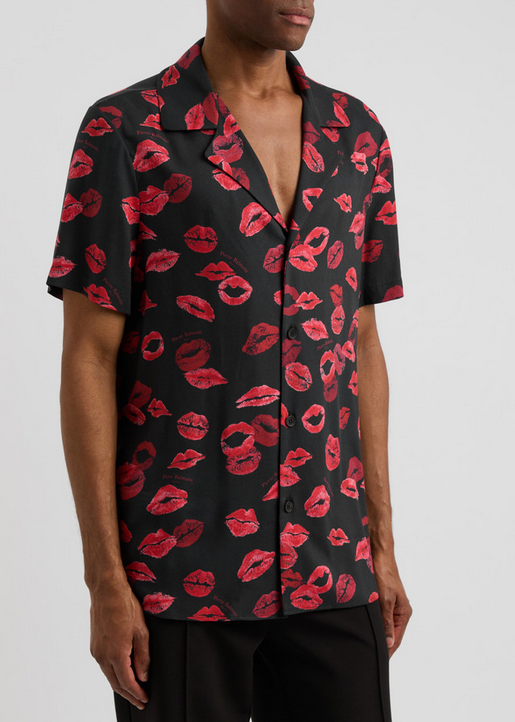 Balmain Mens Regular Fit Short Sleeve Button Up Kiss Shirt Black EU 52 US 42