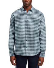 Vince Men's Summit Linen Plaid Long Sleeve Button Up Shirt Blue XL