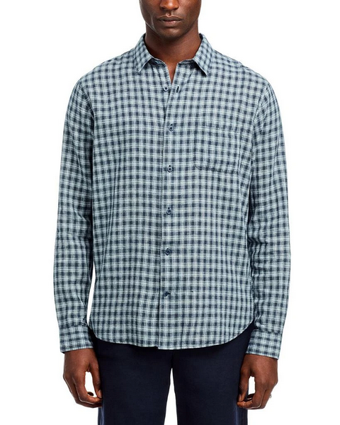 Vince Men's Summit Linen Plaid Long Sleeve Button Up Shirt Blue XL