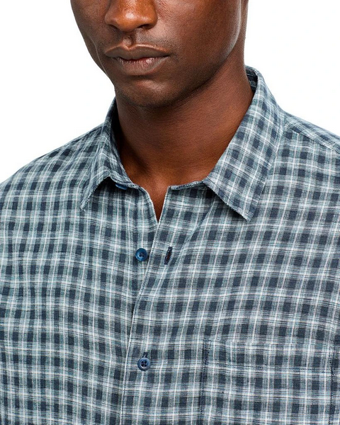 Vince Men's Summit Linen Plaid Long Sleeve Button Up Shirt Blue XL