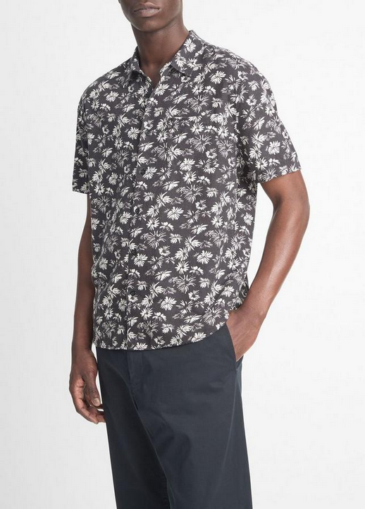 Vince Men's Firework Floral Sport Short Sleeve Button Up Shirt Black Large