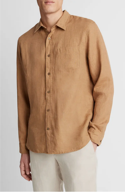 Vince Mens Classic Fit Long Sleeve Button Up Shirt Large Brown Solid