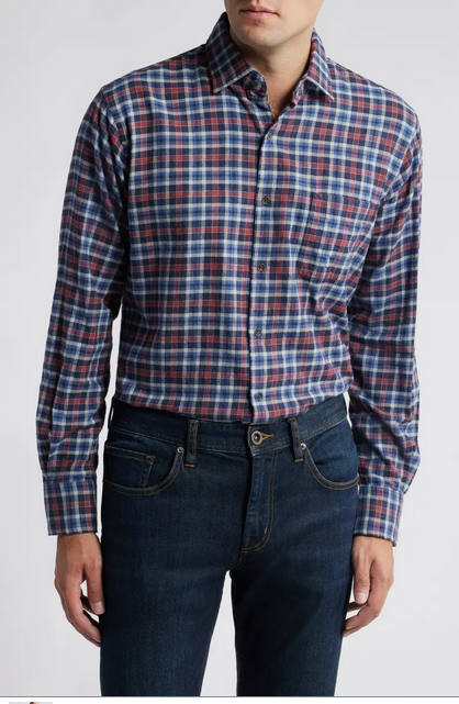 Peter Millar Gander Printed Long Sleeve Button Up Plaid Shirt Blue Large
