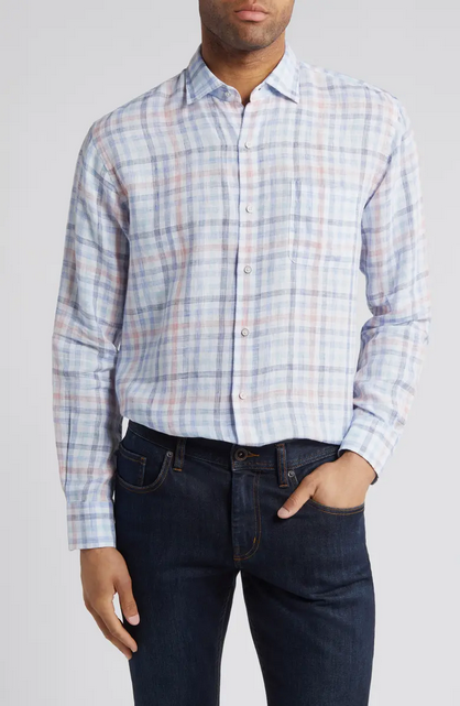 Peter Millar Mens Breakwater Check Linen Button Up Shirt Blue Medium