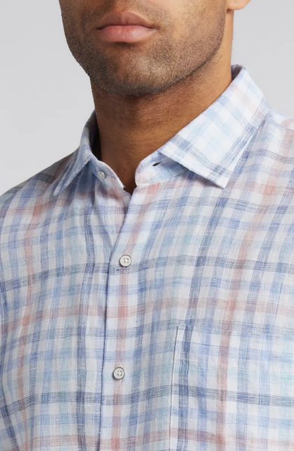 Peter Millar Mens Breakwater Check Linen Button Up Shirt Blue Medium