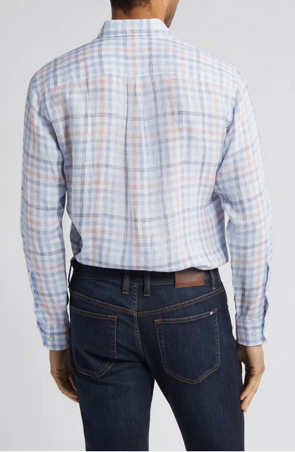 Peter Millar Mens Breakwater Check Linen Button Up Shirt Blue Medium