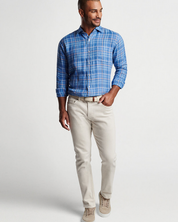 Peter Millar Mens Ashore Linen Sport Button Up Shirt Large Moon Blue Plaid Large