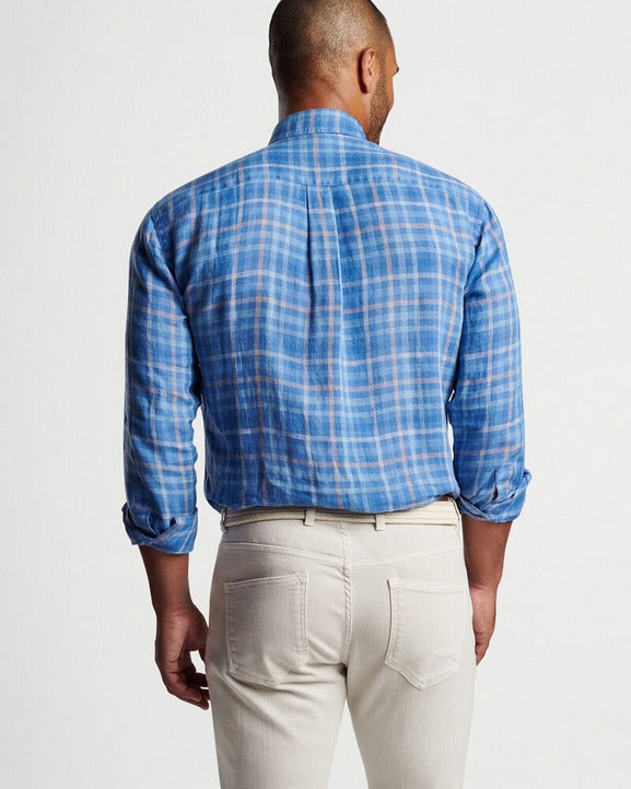 Peter Millar Mens Ashore Linen Sport Button Up Shirt XXL Moon Blue Plaid